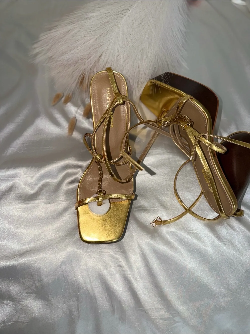 Fashion Nova Gold and Brown Platform Heeled Sandals